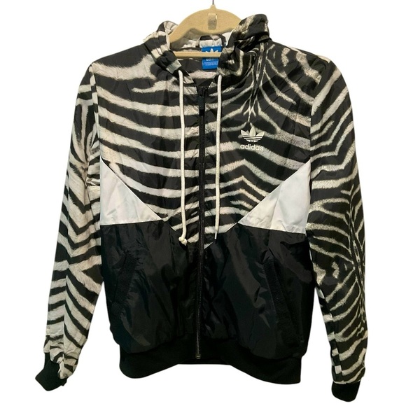 Adidas Zebra Print Track Jacket Black White Lightweight Zip Hoodie US Size 6 EUC - Picture 1 of 6